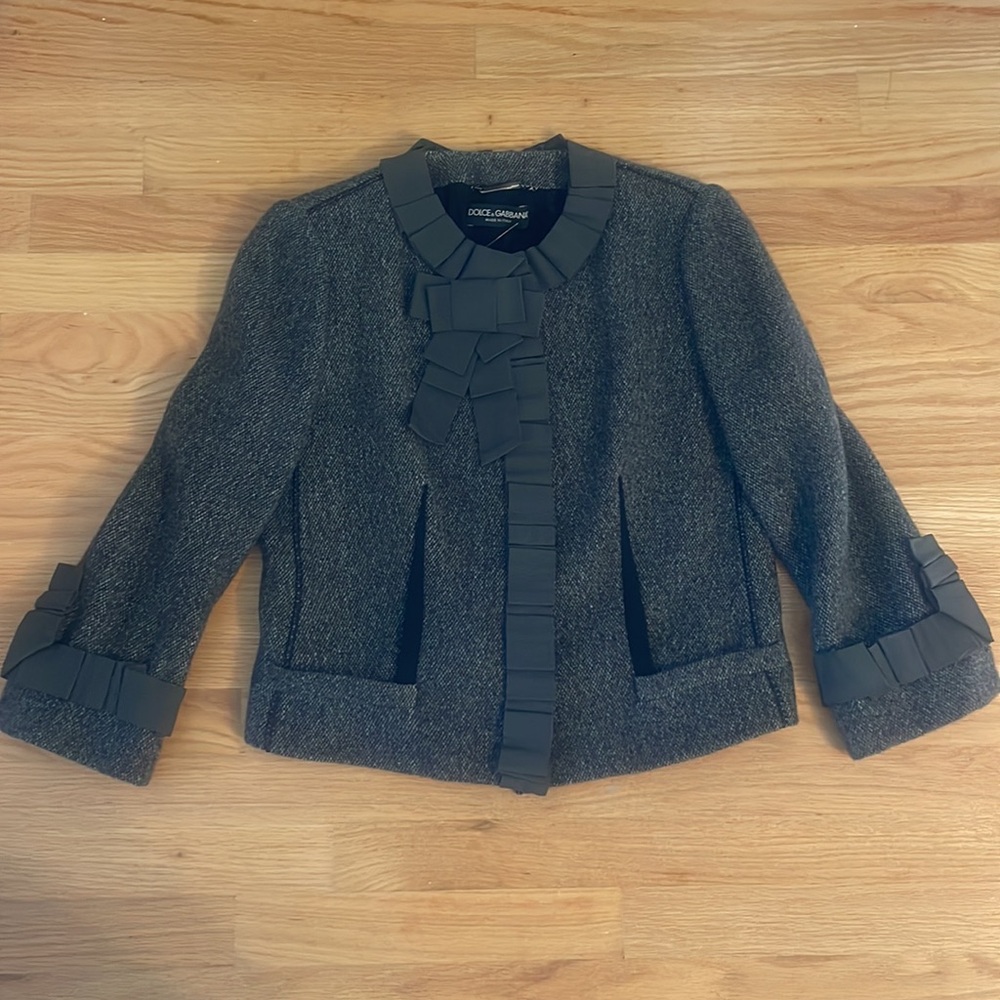 Designer Authentic Dolce & Gabbana Womens Gray Tweed 100% Cashmere Blazer